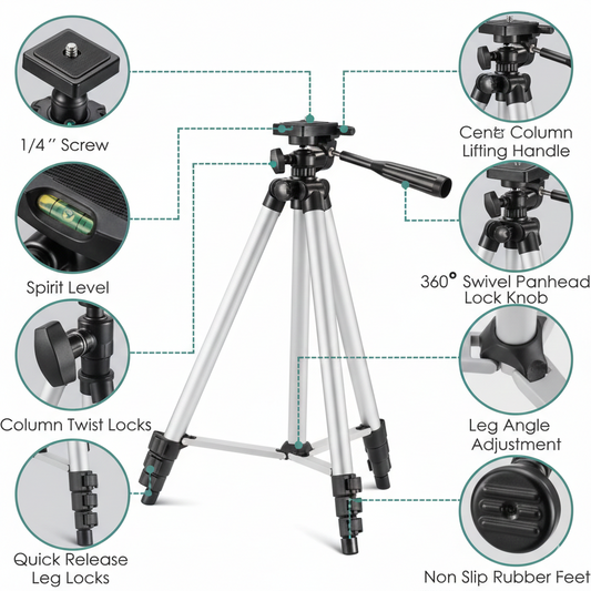 Tripod 3110 Portable Adjustable Aluminium Lightweight Camera Stand Tripod, with 3-Dimensional Head and Quick Release Plate for Video Cameras and Mobile, Black, Silver | 3110