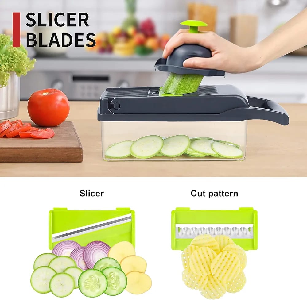 14-in-1 Multifunction Vegetable Chopper & Mandoline Slicer with 8 Interchangeable Stainless Steel Blades