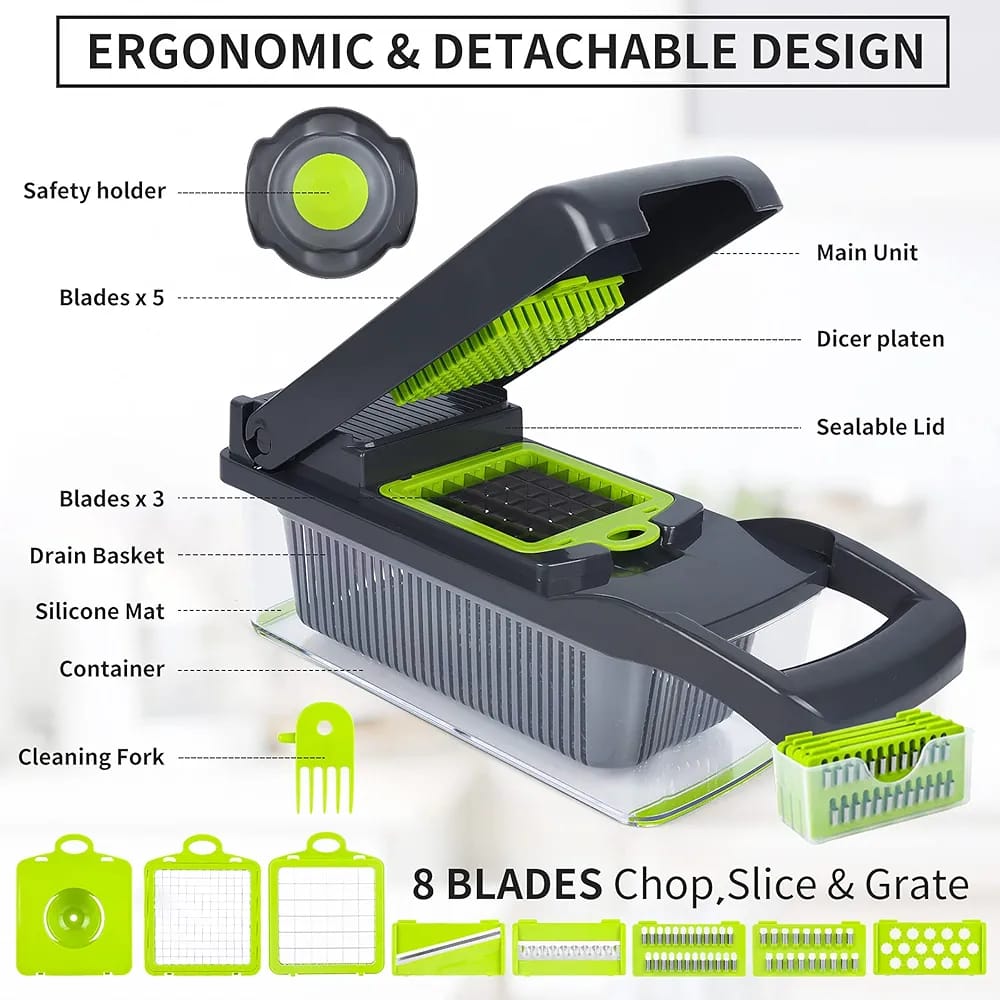 14-in-1 Multifunction Vegetable Chopper & Mandoline Slicer with 8 Interchangeable Stainless Steel Blades